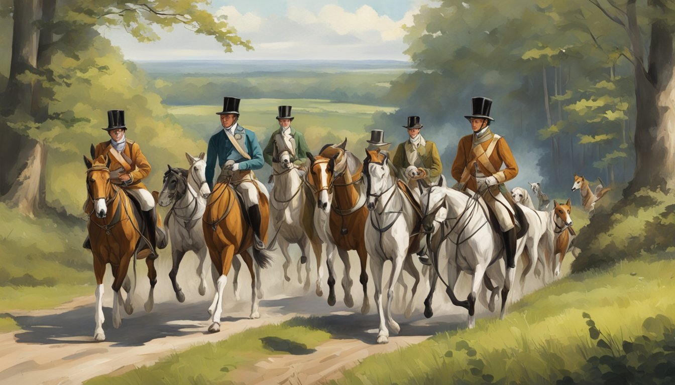 A group of foxhounds and a mounted rider in traditional attire following a pack of hounds through a wooded countryside