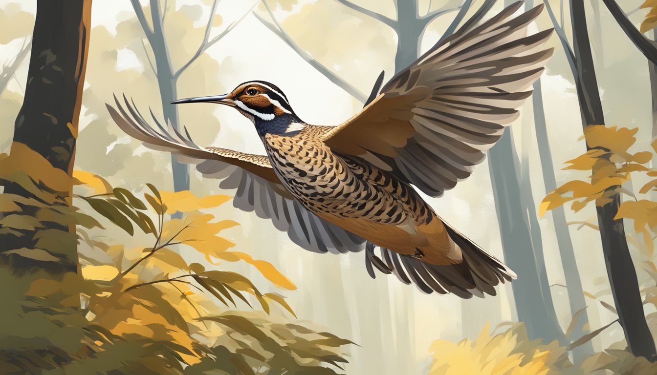 A woodcock takes flight from a dense thicket of trees, its distinctive long bill and mottled plumage catching the sunlight as it darts through the air