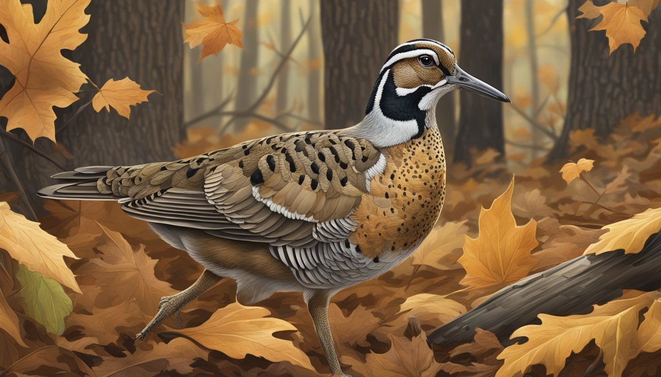 A woodcock camouflaged among leaf litter, hunters and bird dogs in the background