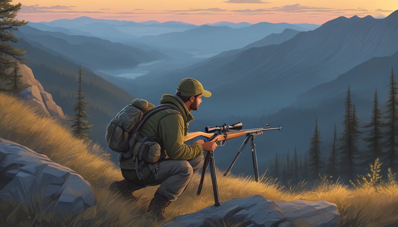 A hunter gathering gear and checking rifle before sunrise in rugged mountain terrain