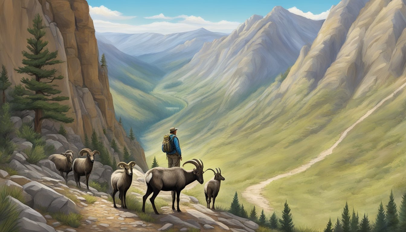 A hunter stands at the entrance of a rugged mountain path, gazing up at the steep terrain where a group of bighorn sheep graze