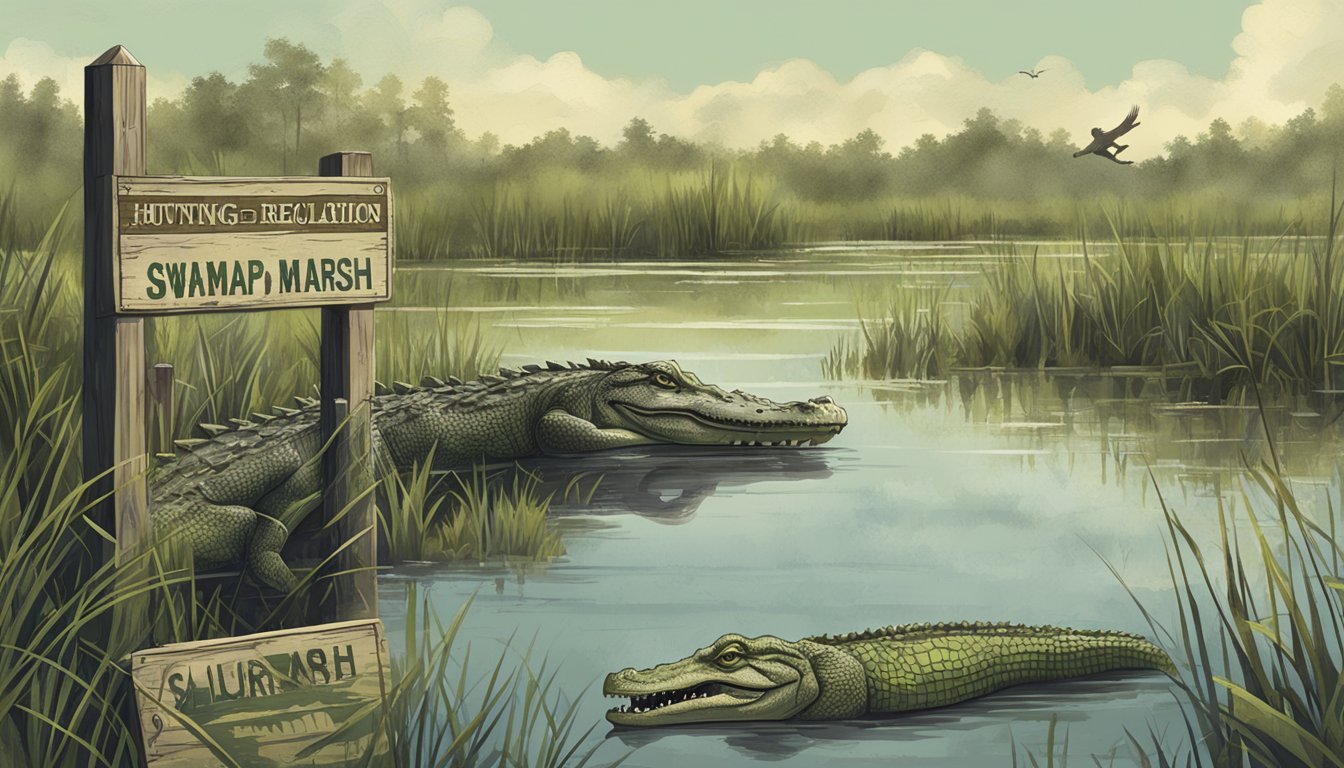 A swampy marsh with alligator hunting regulations posted on a weathered sign