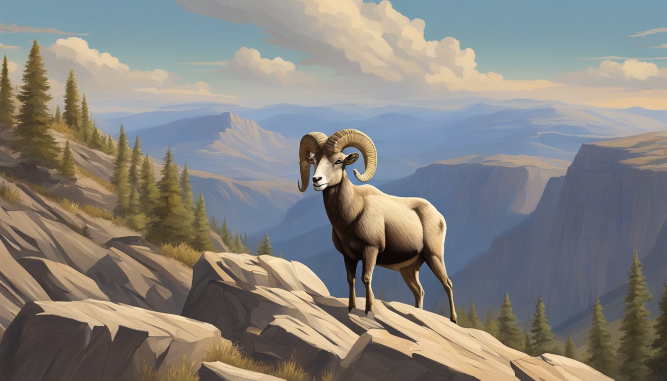 A lone bighorn sheep stands alert on a rocky cliff, scanning the terrain below for potential predators