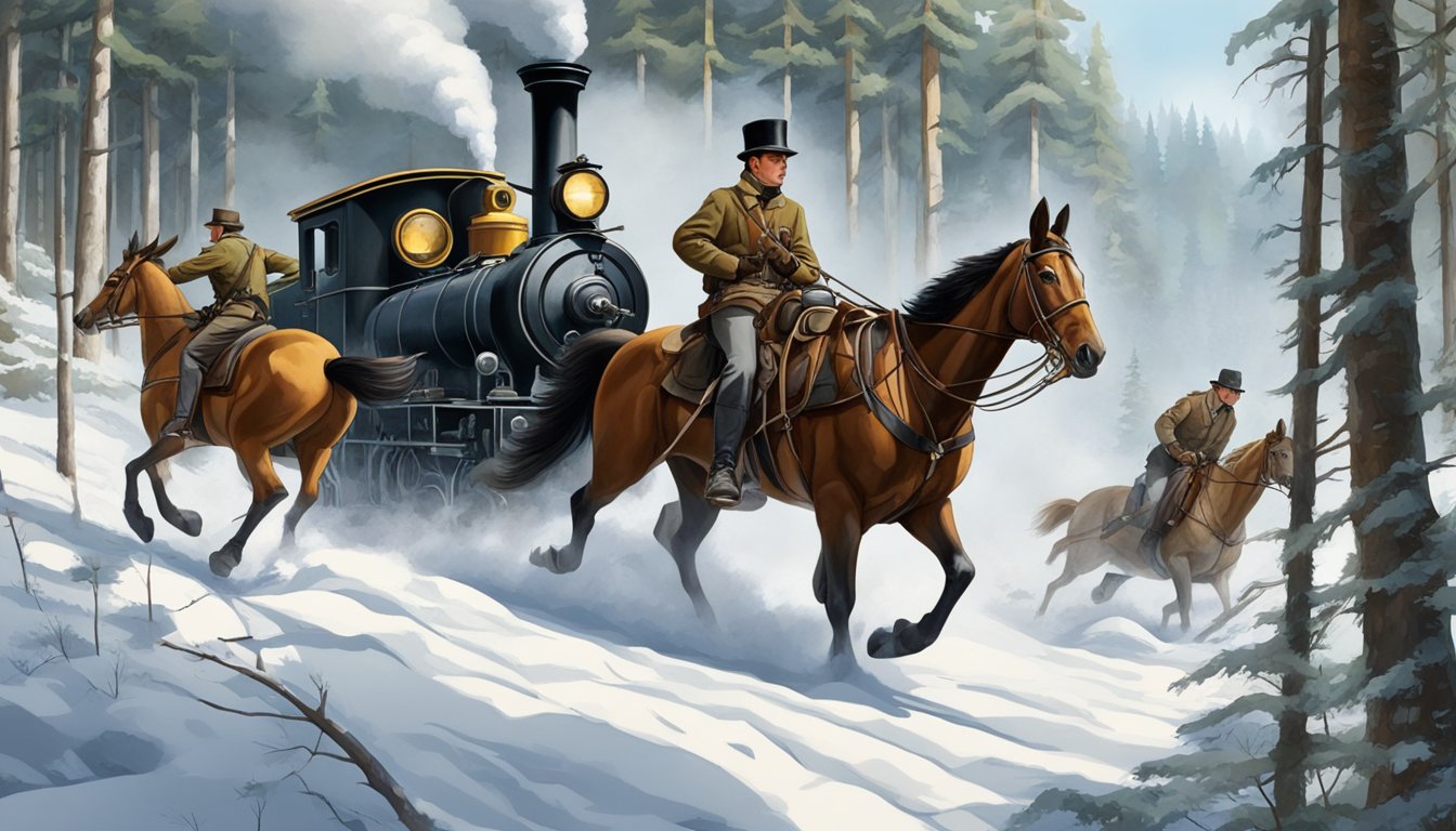 A group of hunters on horseback pursue a running deer through a forest, with a steam locomotive visible in the background