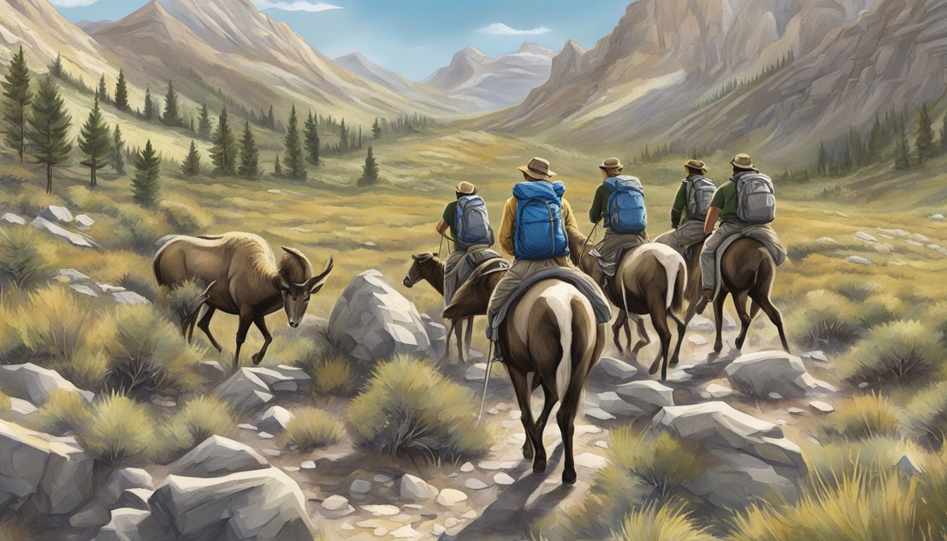 A group of beginners, guided by outfitters, trek through rugged mountain terrain in search of bighorn sheep