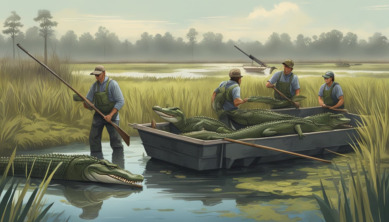 A group of hunters processing harvested alligators in a swampy marshland