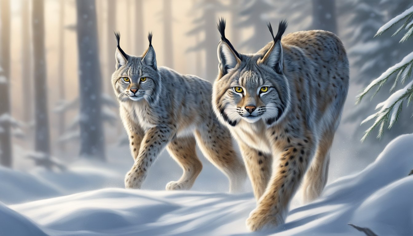 A lynx crouches in a snowy forest, eyes fixed on a group of snowshoe hares. The tension is palpable as the predator prepares to pounce