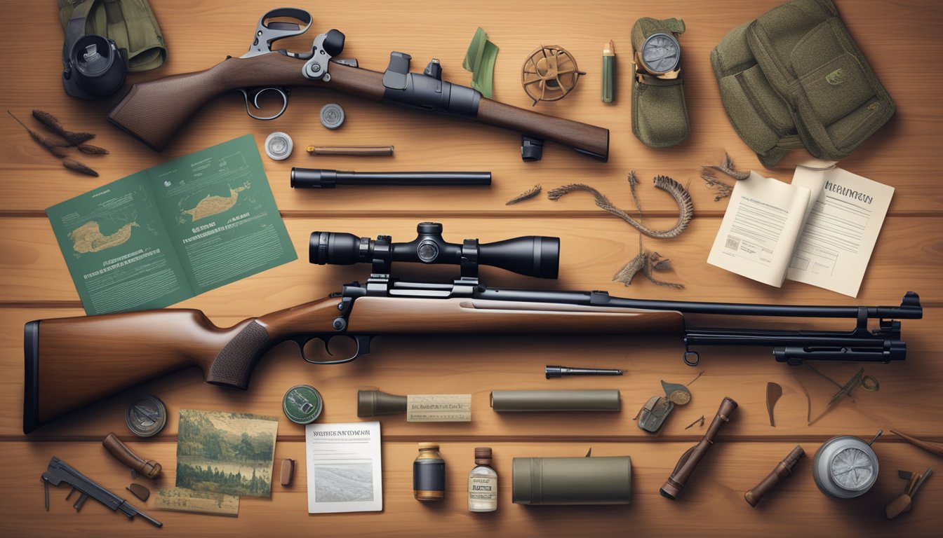 A hunter's rifle and gear laid out on a wooden table, surrounded by pamphlets and signs promoting wildlife conservation and hunting regulations