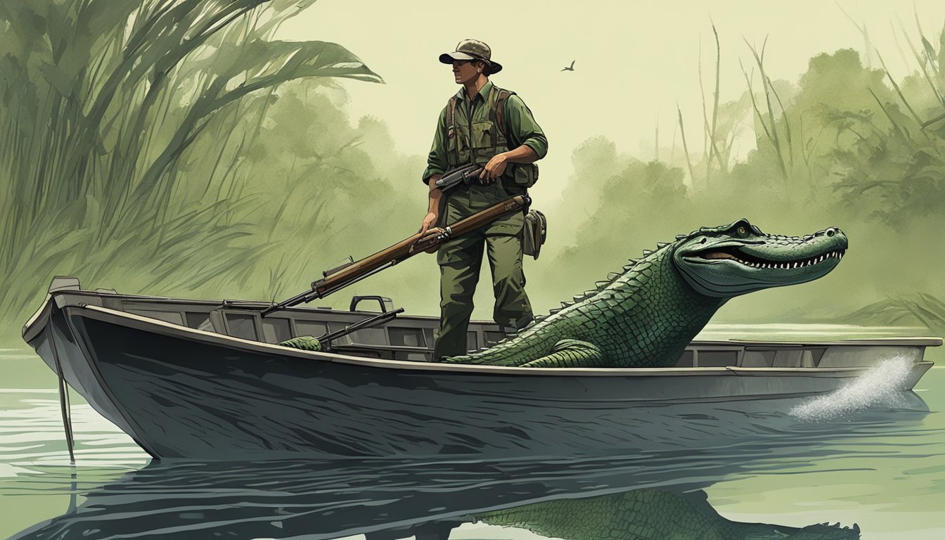 A boat glides through murky waters, a hunter poised with a rifle as an alligator lurks in the shadows