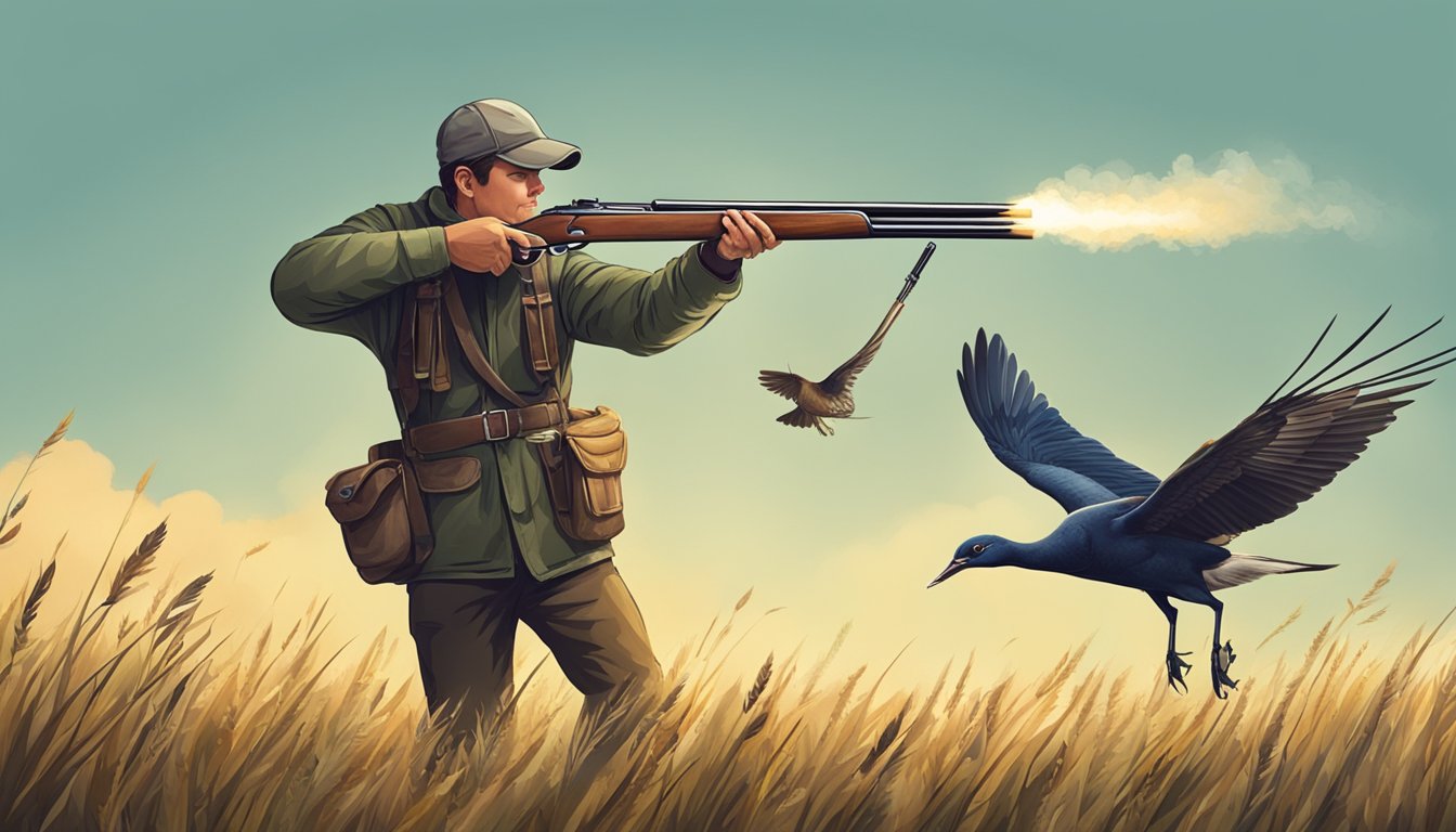 A hunter aiming and firing a shotgun at a flying bird in a rural field