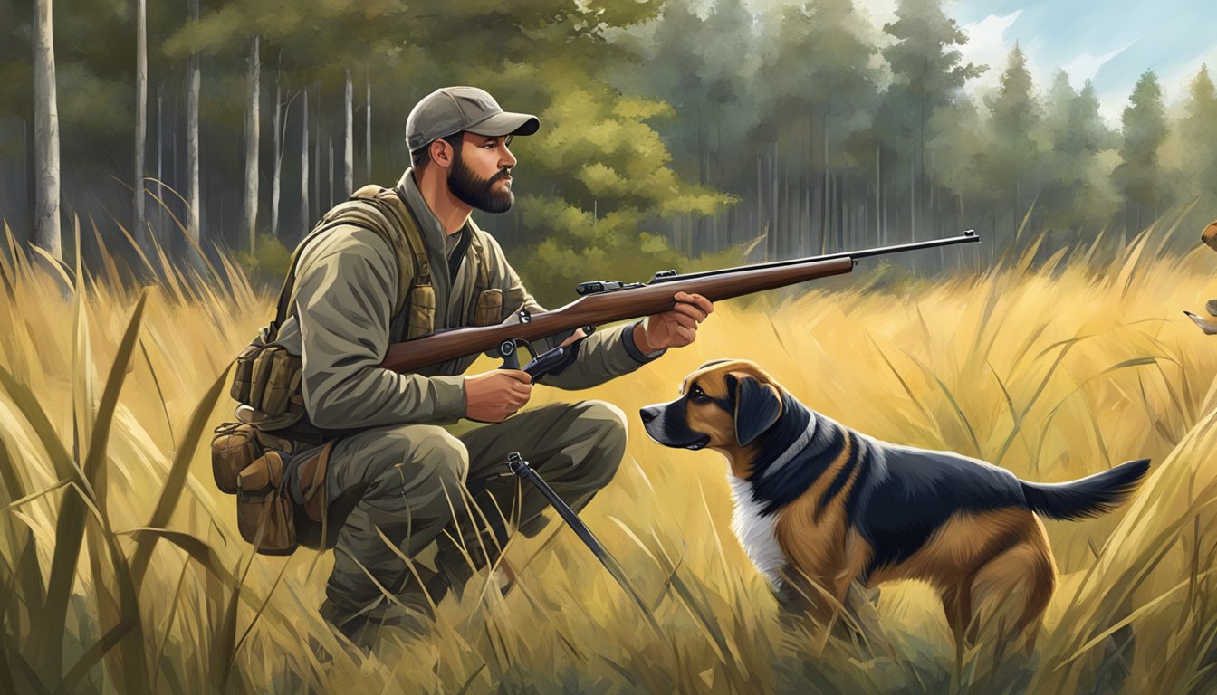 A hunter trains a dog in field craft, amidst tall grass and trees, preparing for rail hunting