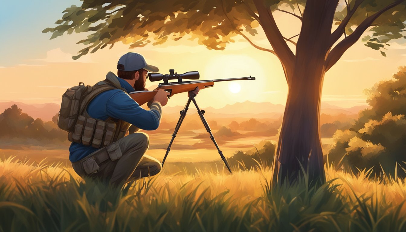 A hunter crouches behind bushes, aiming a rifle at a distant target. The sun sets on the horizon, casting a warm glow over the grassy landscape