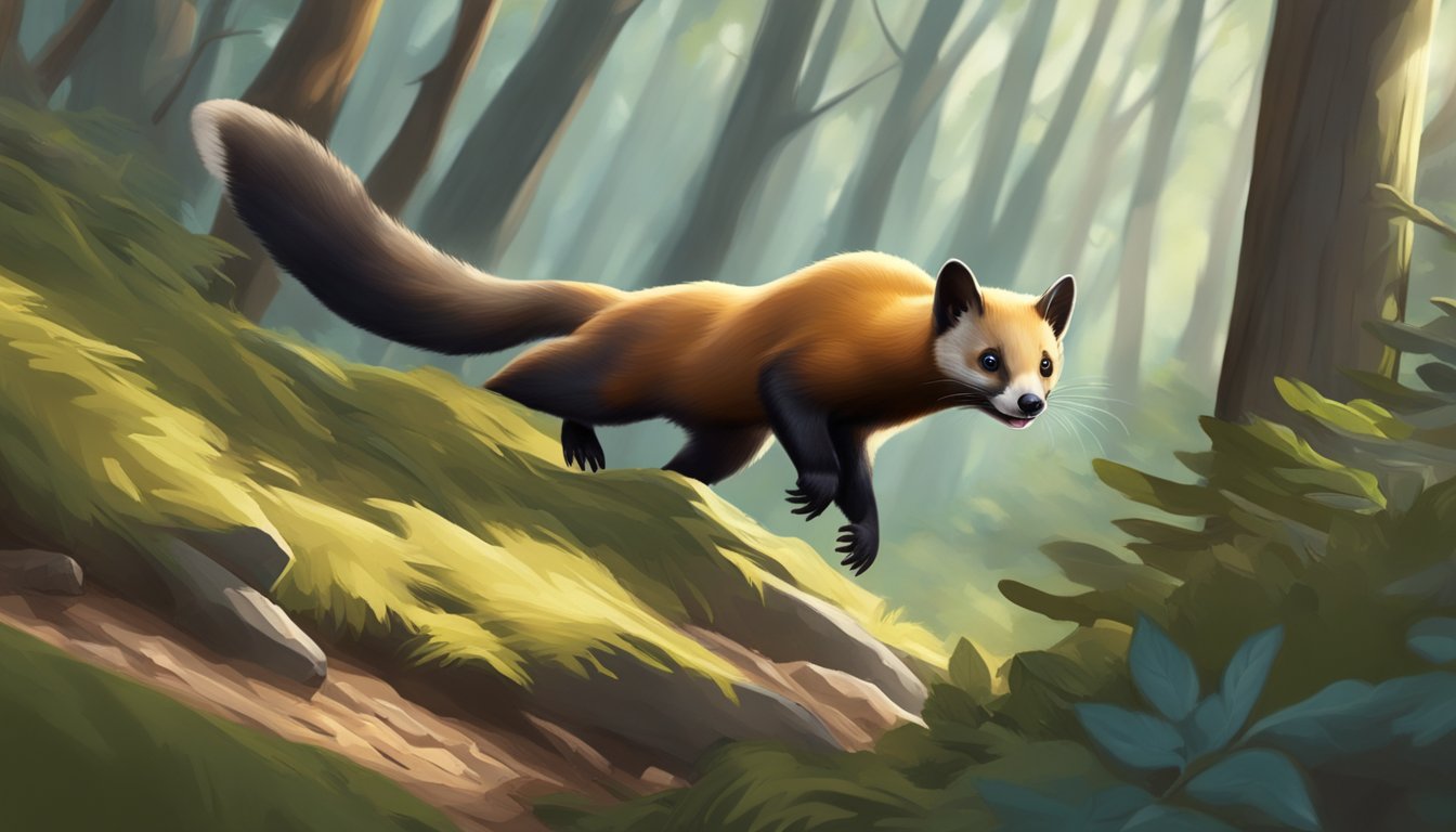 A marten hunts in a dense forest, leaping between trees in its habitat