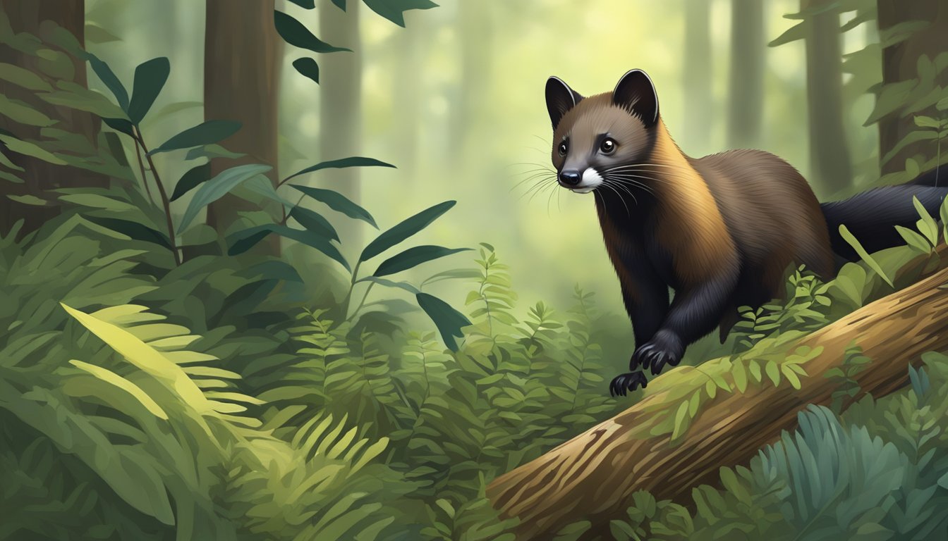 A marten stealthily stalks its prey through the dense forest underbrush, ready to pounce on a small animal