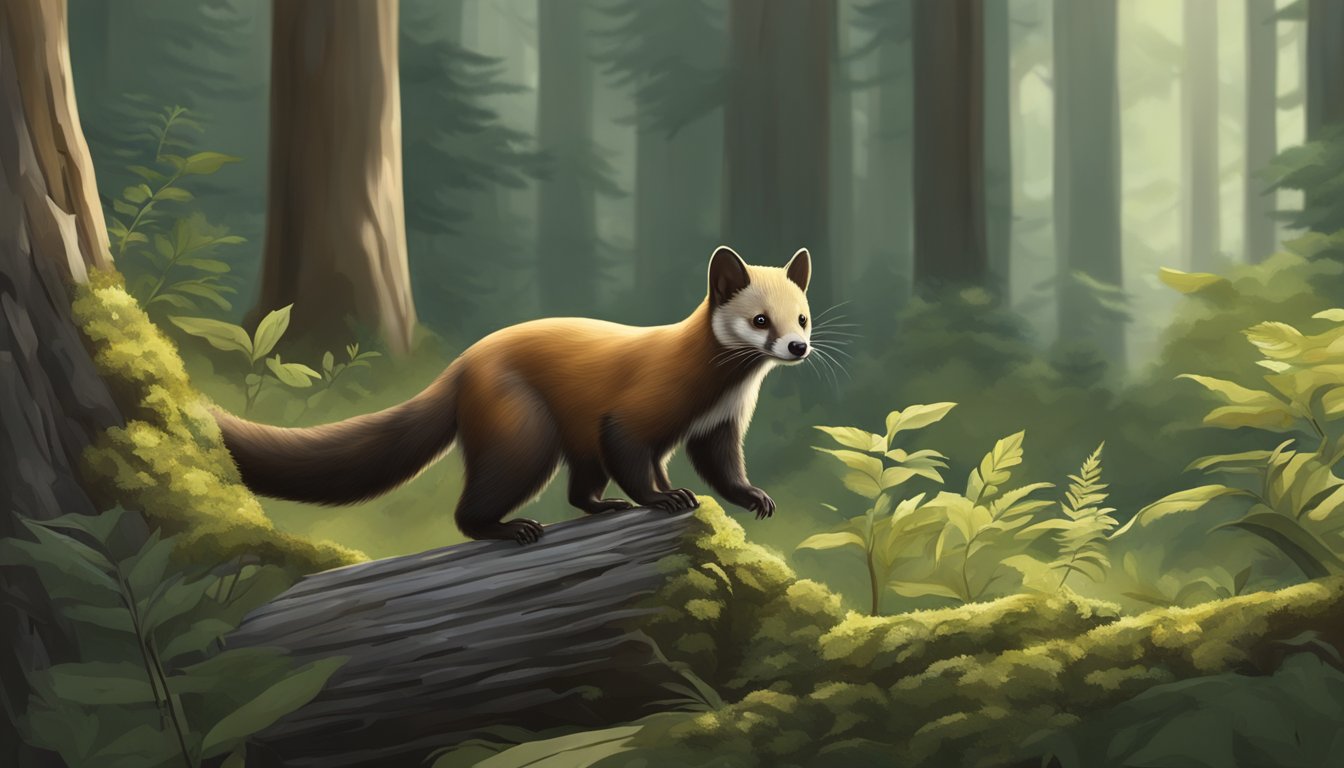 A marten hunts through a dense forest, capturing prey to sustain its life and ensure the continuation of its species