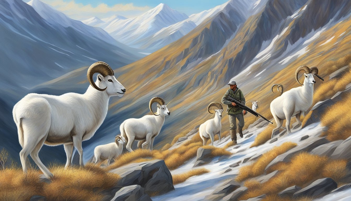 A lone hunter stalks a group of Dall sheep in the rugged mountainous terrain, carefully aiming their rifle