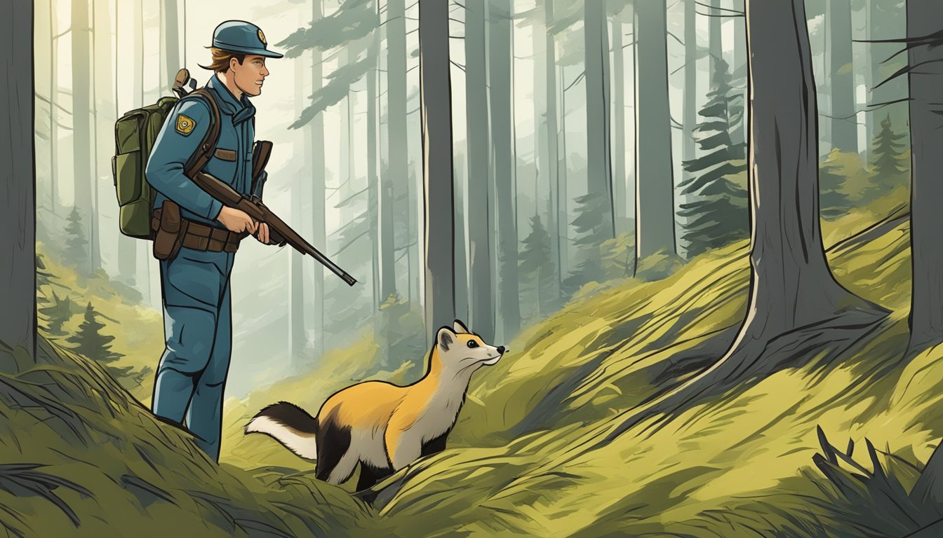 A marten hunting in a forest, with a conservation officer observing from a distance