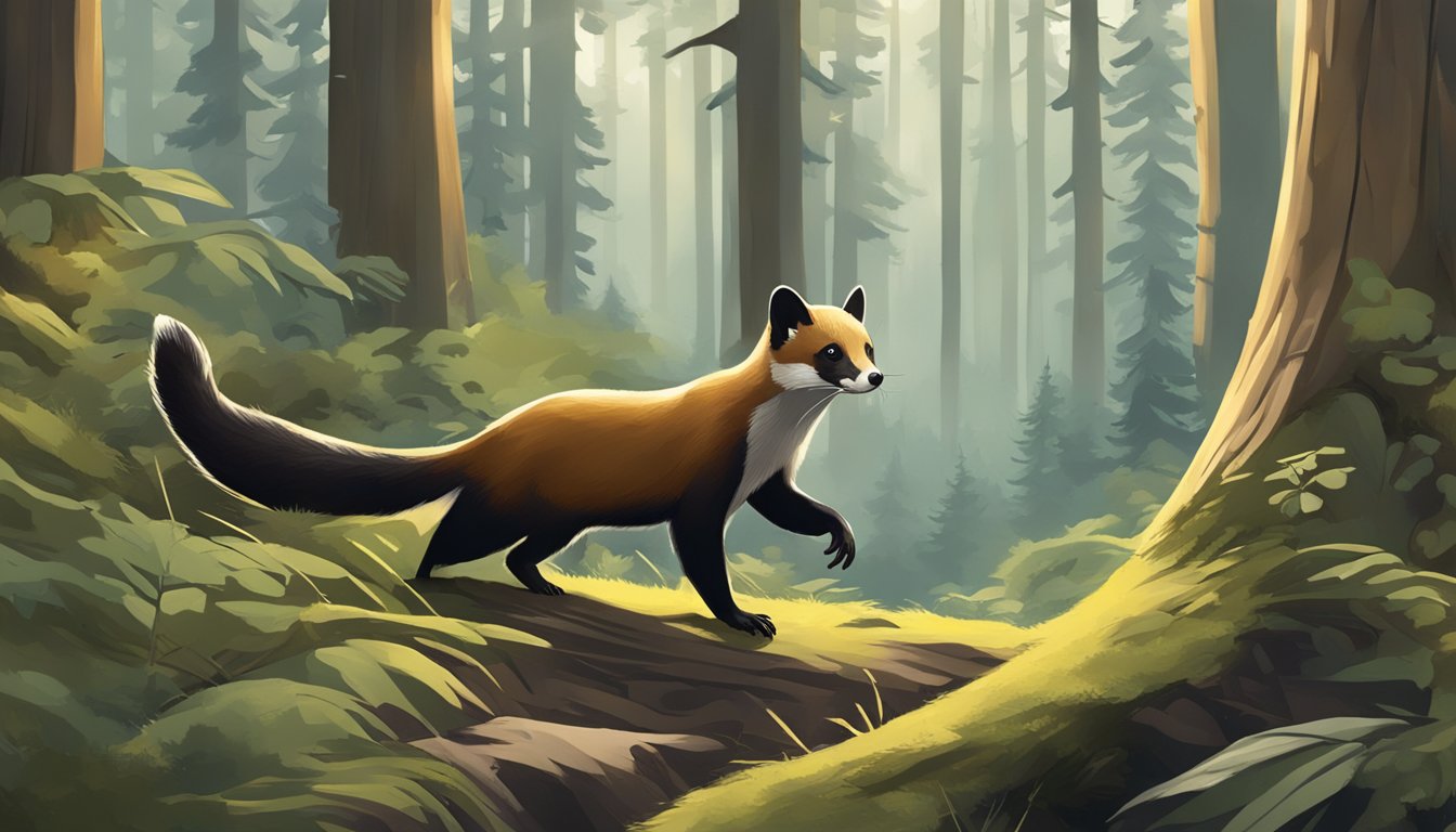 A marten hunting in a forest, interacting with other animals