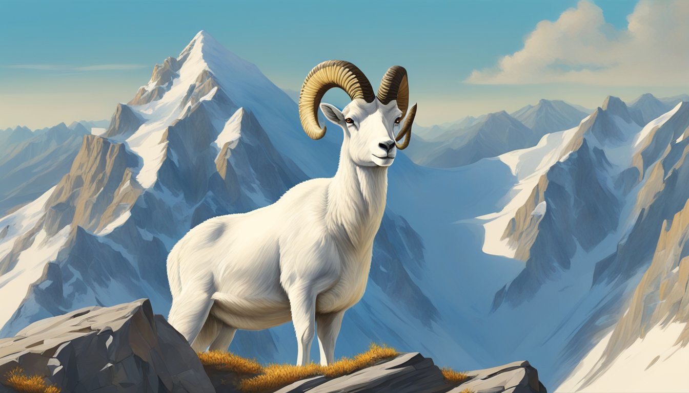 A hunter field-dresses a Dall sheep on a rocky slope, surrounded by rugged mountains and a clear blue sky