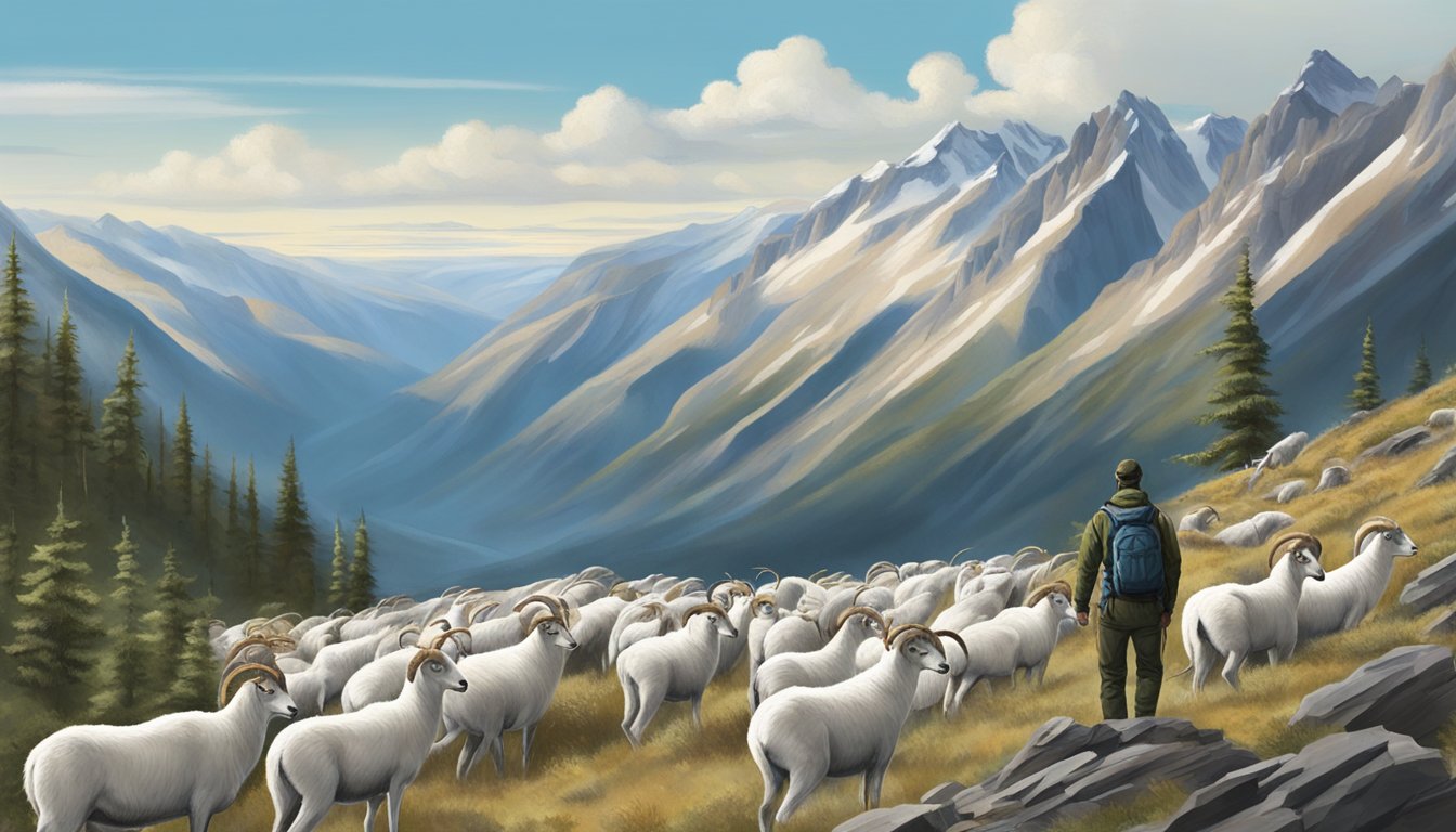 A hunter observes a herd of dall sheep on a rugged mountain slope, considering ethical and conservation implications