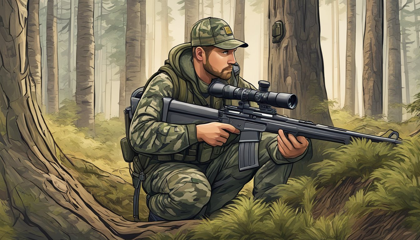 A hunter in camouflage gear crouches behind a tree, with a rifle in hand, scanning the forest for sitka deer