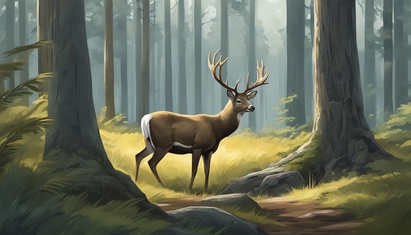 A sitka deer cautiously grazing in a dense forest, while a hunter observes from a concealed position, waiting for the perfect opportunity to strike