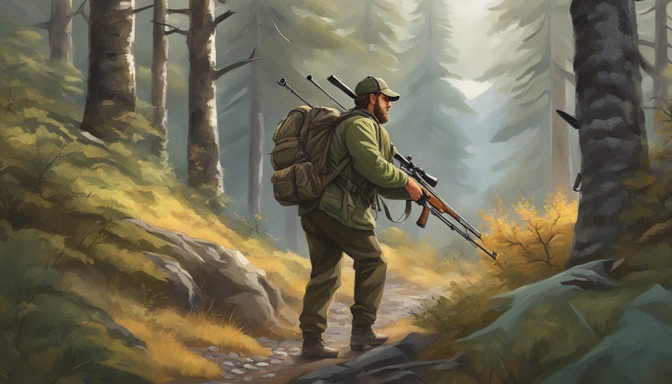 A hunter trekking through rugged Alaskan terrain, rifle in hand, stalking a Sitka deer in the dense forest