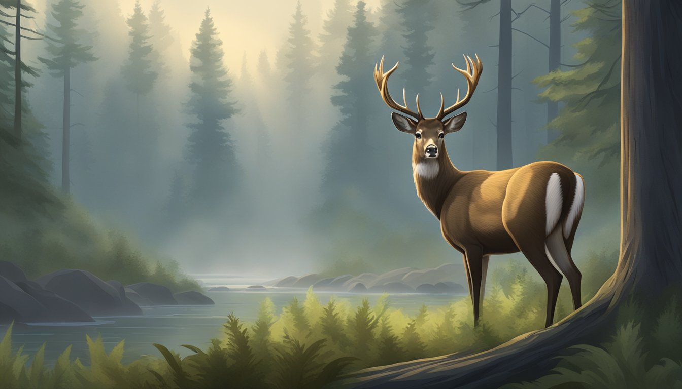 A sitka deer stands alert in a misty forest clearing, surrounded by tall trees and lush vegetation