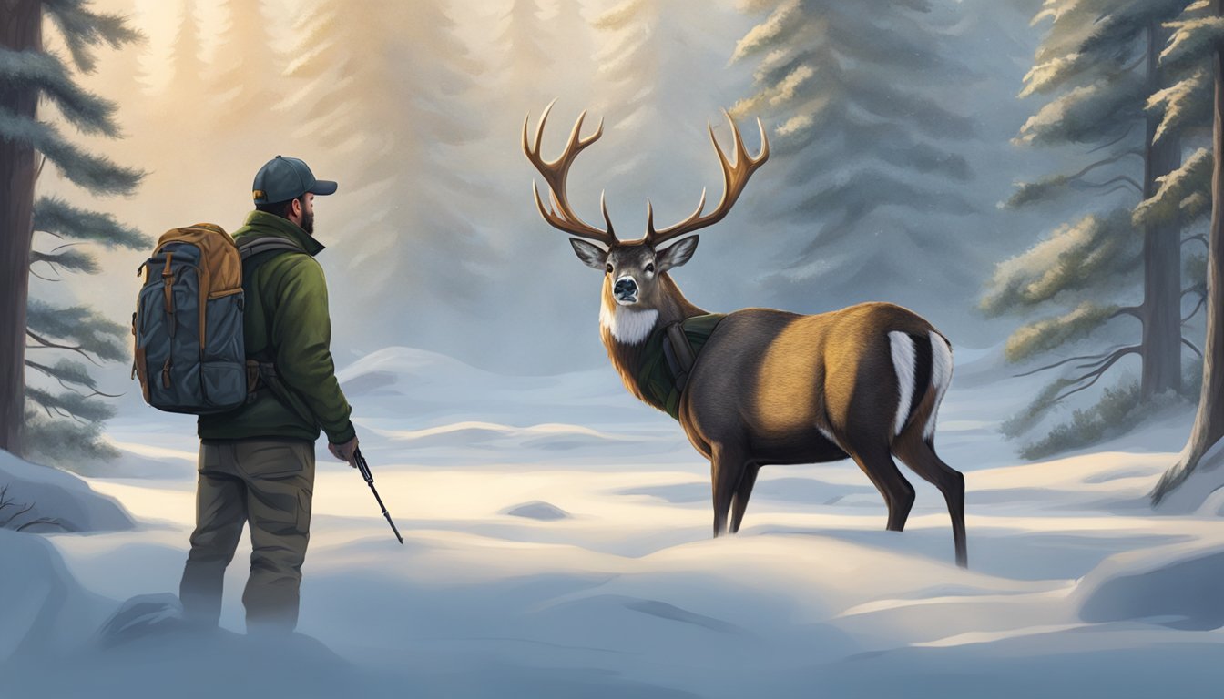 A hunter silently approaches a majestic Sitka deer in the dense forest, ready to take the final shot