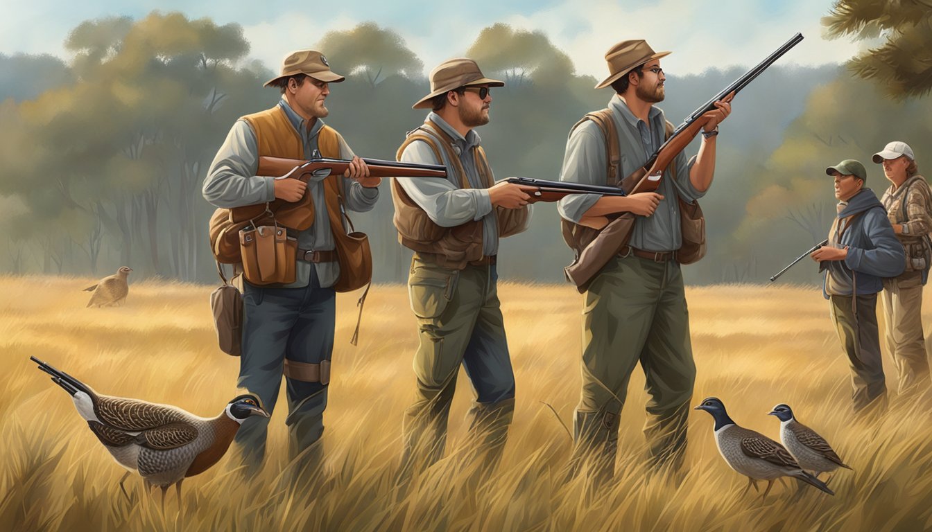 A group of beginners gather around a guide, holding shotguns and wearing hunting gear, as they prepare for a quail hunting expedition in a grassy field