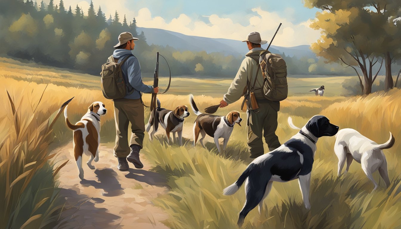 A group of beginners, with hunting gear, setting out into a field with their trained dogs, searching for quails