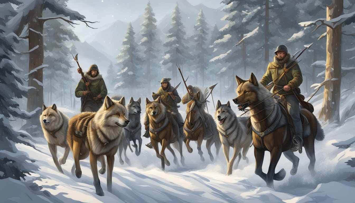 A group of hunters on horseback chase a pack of wolves through a snowy forest, armed with spears and bows