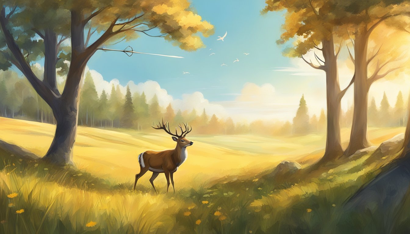 An arrow flies through the air towards a majestic axis deer grazing in a sun-drenched meadow