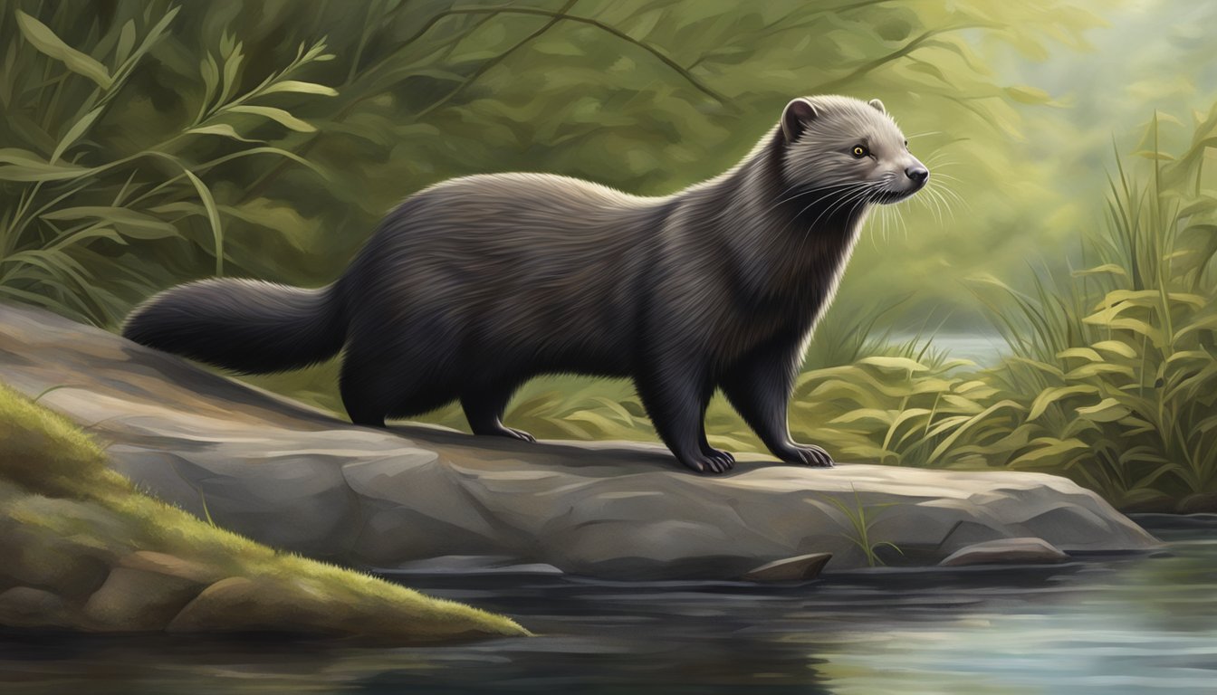 A mink stealthily hunts along the edge of a river, its sleek body blending into the surrounding ecosystem