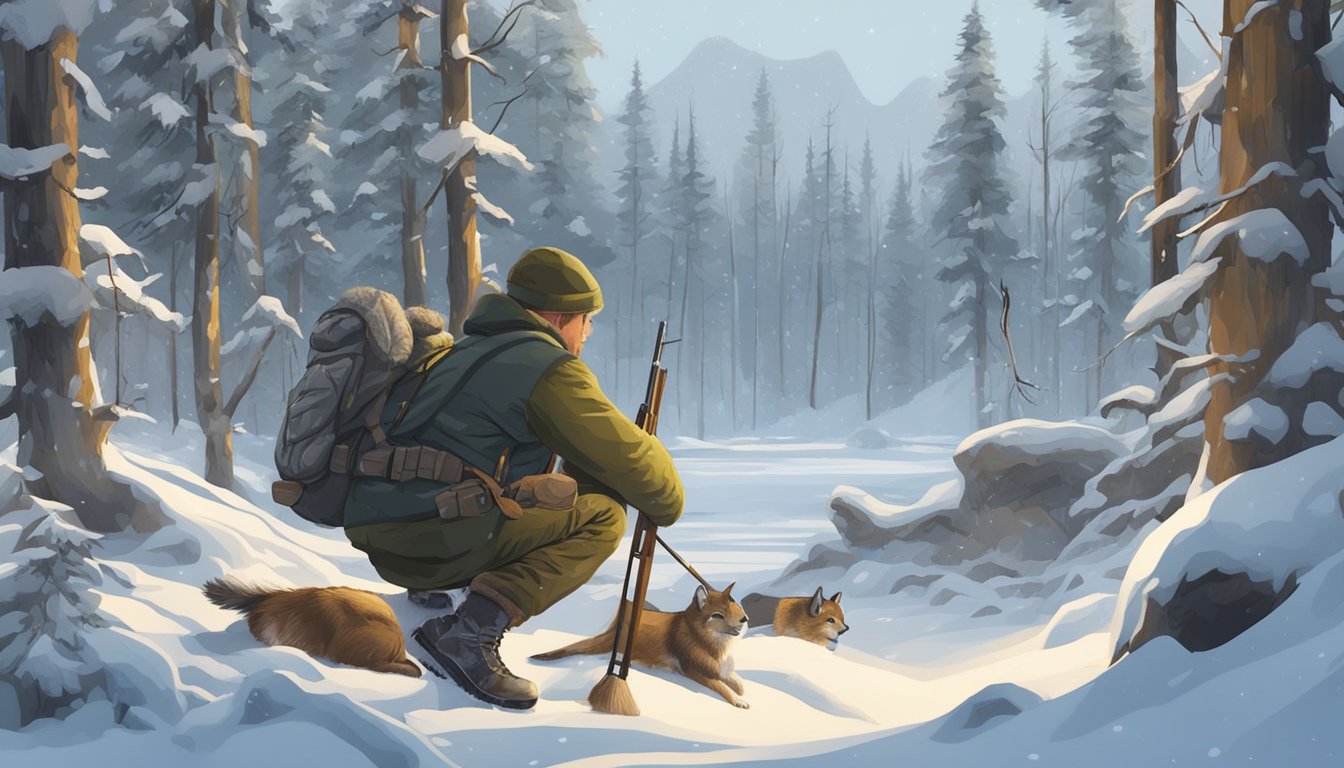 A hunter gathers supplies and checks traps in the snowy forest