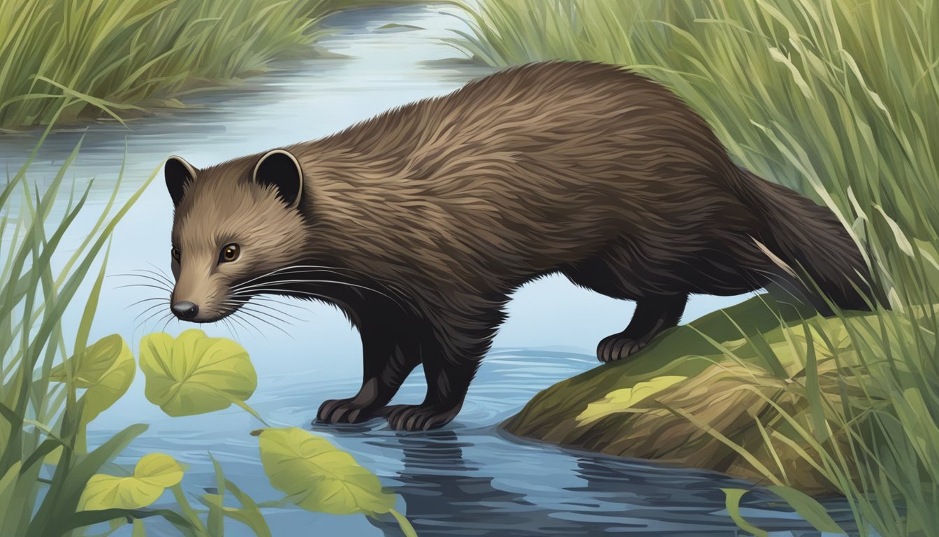 Mink prowling through dense wetland, stalking prey near a meandering stream