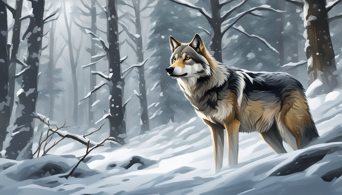 A wolf stalking through a snowy forest, eyes fixed on a distant prey