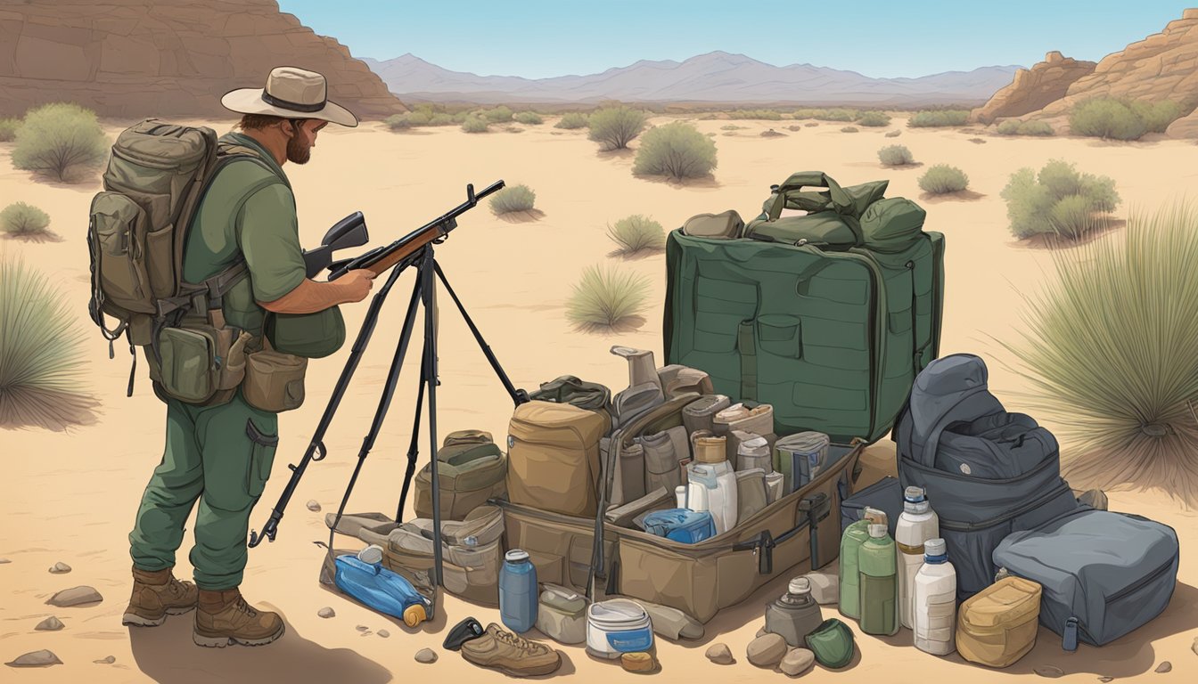 A hunter gathers supplies and checks equipment before heading out to hunt javelina in the desert