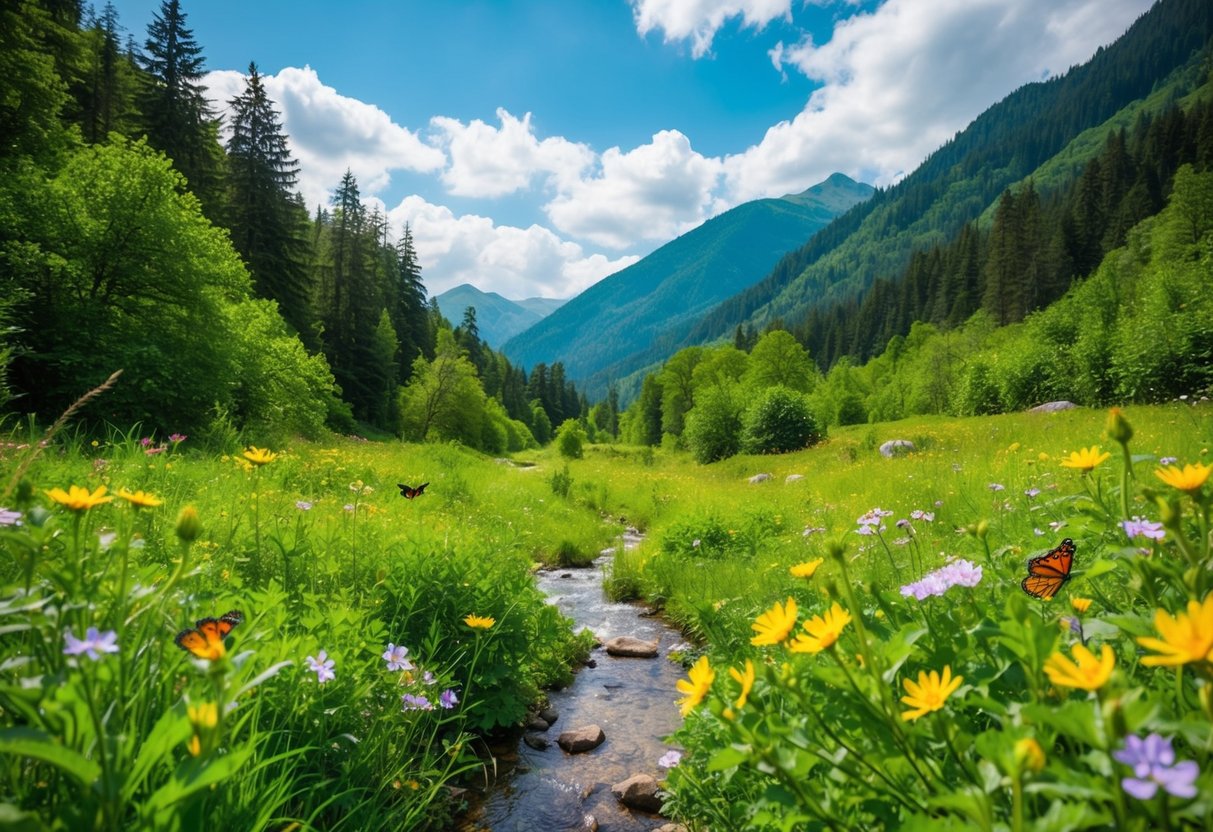 Ein üppiger grüner Wald mit Wildblumen, Schmetterlingen und einem klaren Bach, umgeben von Bergen