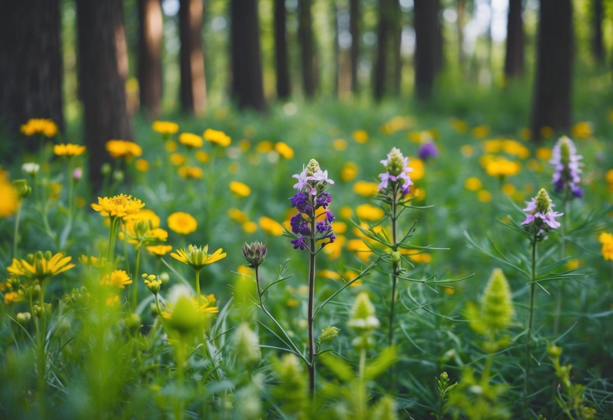 Ein friedlicher Wald mit Wildblumen, Kräutern und natürlichen Elementen, die das Wesen von chemiefreien Naturkosmetika symbolisieren.