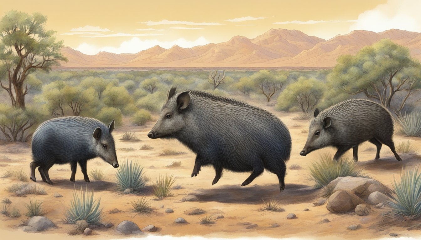 A group of beginners quietly observe javelina in their natural habitat, respecting ethical hunting practices