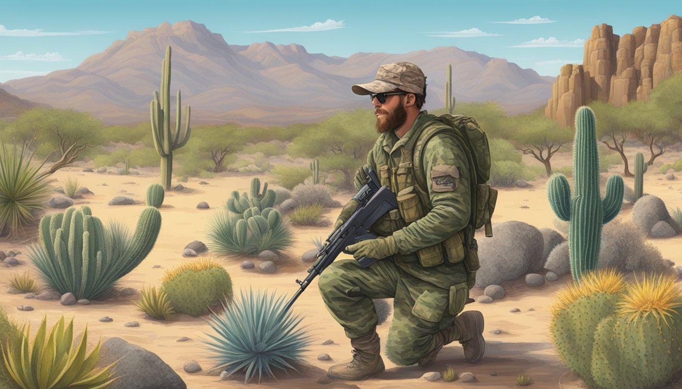 A desert landscape with cacti and rocky terrain, a hunter in camouflage gear with a rifle, and a group of javelina foraging in the distance