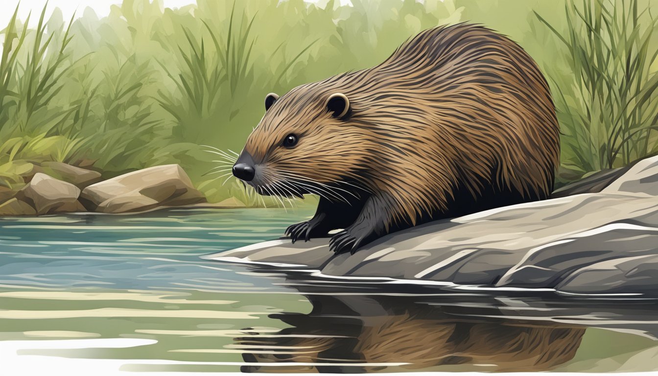 A beaver stealthily approaches a dam, ready to ambush its prey