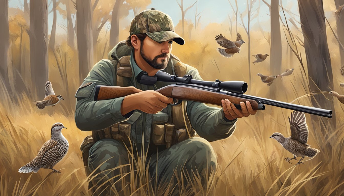 A hunter in camouflage holds a shotgun, while a covey of bobwhite quail take flight from the tall grass in a wooded area