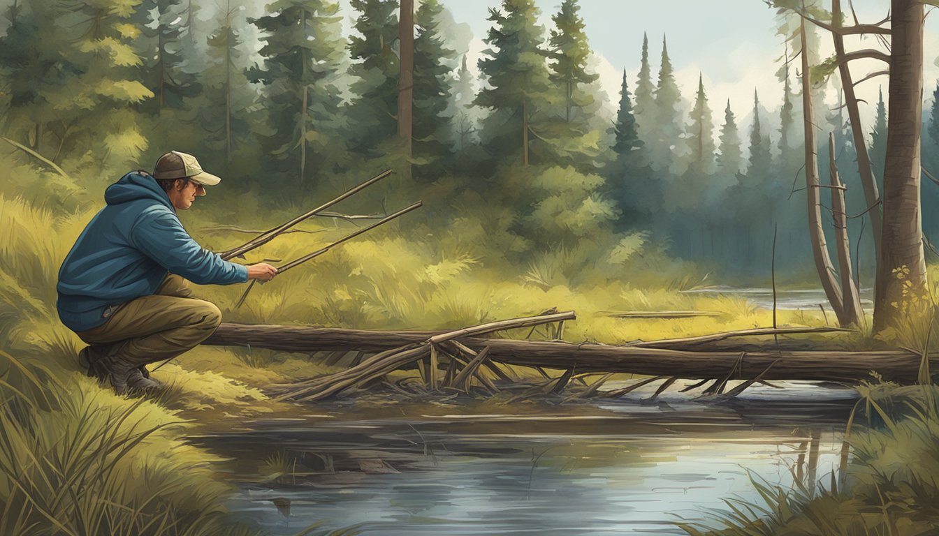 A hunter setting up a trap near a beaver dam in a secluded forest clearing