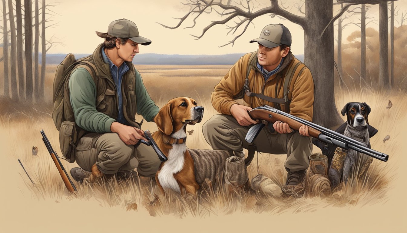 A hunter loads shells into a shotgun, surrounded by hunting gear and a loyal bird dog, ready to pursue bobwhite quail