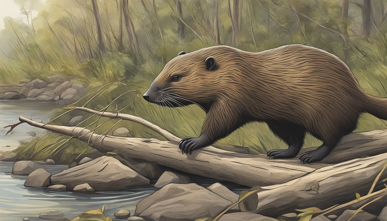 A beaver dragging a felled tree to its dam after a successful hunt