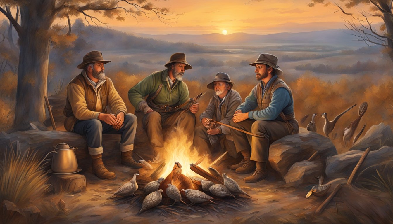 A group of hunters gather around a campfire, roasting freshly caught bobwhite quail over an open flame, surrounded by the rustic charm of the countryside