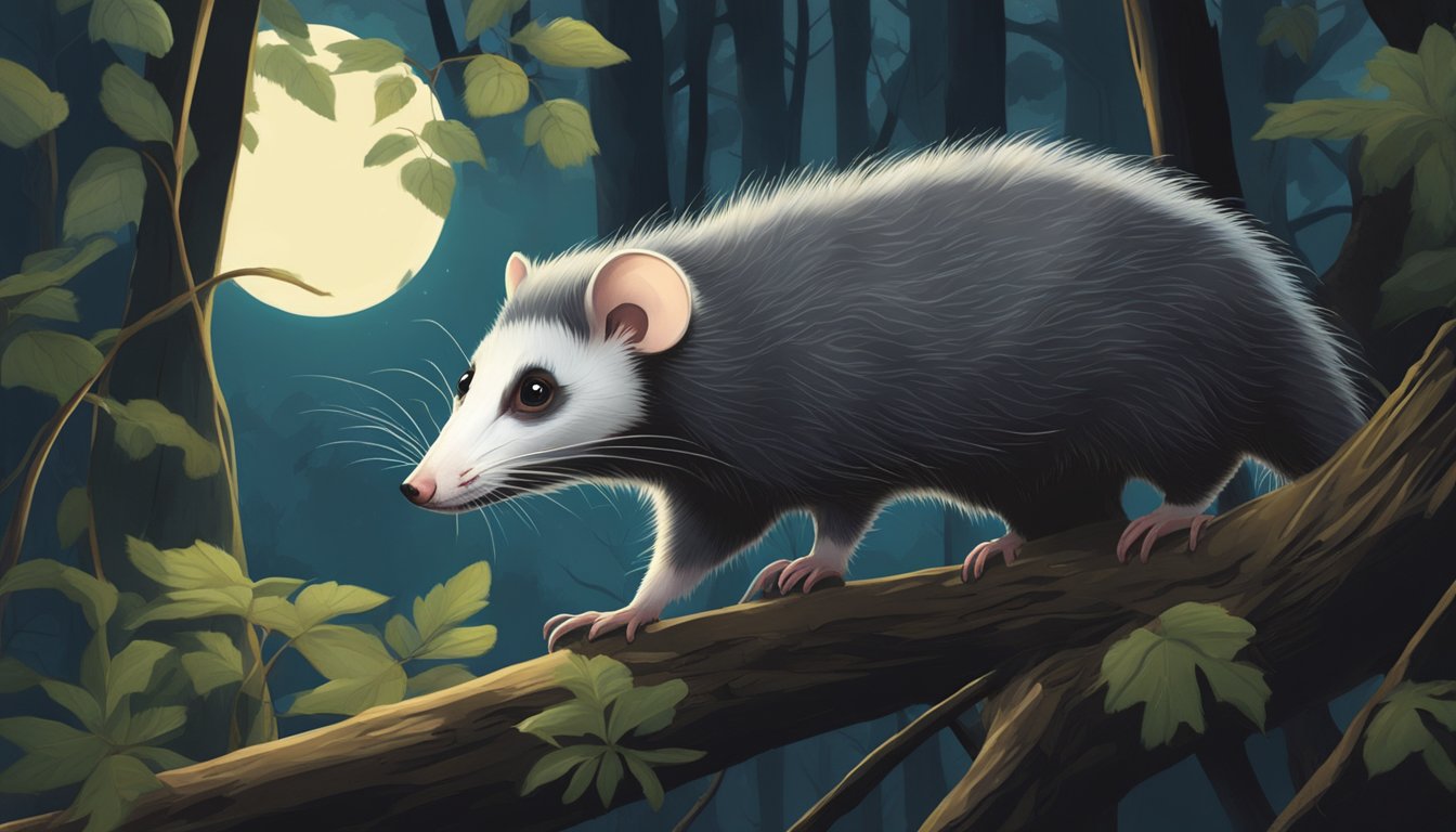 An opossum prowls through the dense underbrush, its sharp eyes scanning for prey. The moonlight filters through the trees, casting eerie shadows on the forest floor