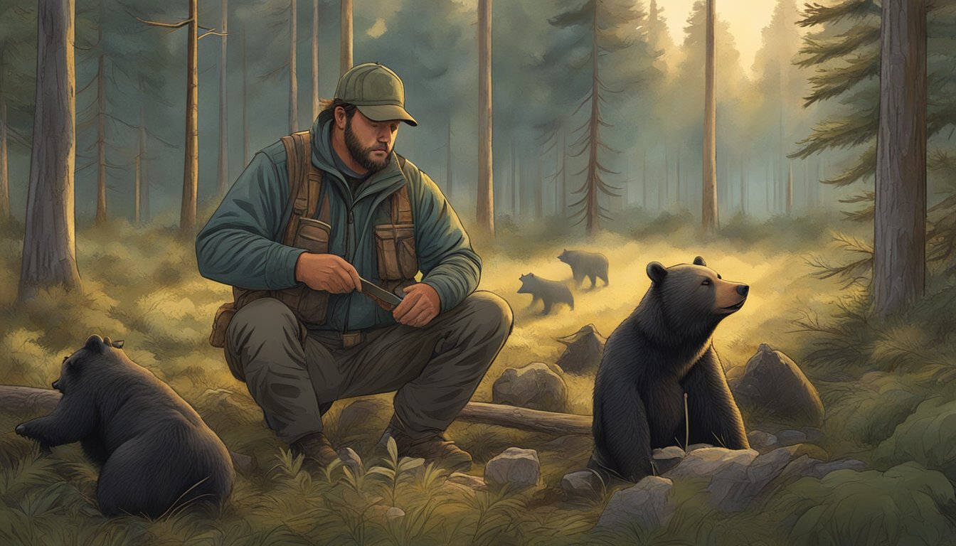 A bear hunter setting up decoys in a forest clearing at dawn